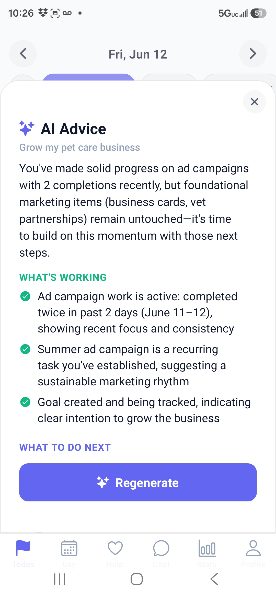 AI Advice modal showing what is working